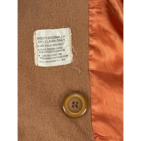 60s 70s Vintage Wool Coat Belted Camel Fur Collar & Cuffs Hooded Jacket Mob Wife - Picture 6 of 16